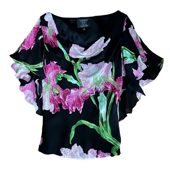 Carmen Marc Valvo Black Floral Print Draped Neck Embellished Silk Top Size 4 - Picture 8 of 8